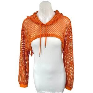 NEW Avidlove Women's Orange Mesh Fishnet Long Sleeve Hooded Hoodie Crop Top XL